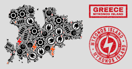 Composition of mosaic power supply Mykonos Island map and grunge seals. Mosaic vector Mykonos Island map is designed with tools and electric elements. Black and red colors used.
