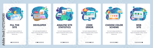 Mobile app onboarding screens. Web development and coding. Female programmer, site traffic analytics. Menu vector banner template for website and mobile development. Web site design flat illustration