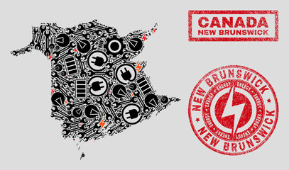 Composition of mosaic electricity New Brunswick Province map and grunge stamp seals. Mosaic vector New Brunswick Province map is created with hardware and power symbols. Black and red colors used.