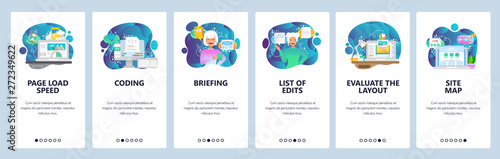 Mobile app onboarding screens. Web page loading, coding, sitemap, software development. Menu vector banner template for website and mobile development. Web site design flat illustration