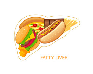 Unhealthy food in shape of liver. Fatty liver awareness concept.  Vector illustration isolated on white background.