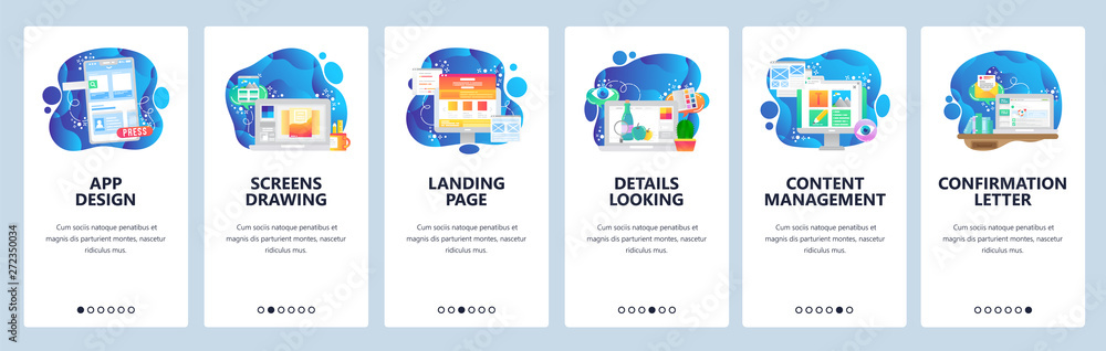 Poster mobile app onboarding screens. mobile app design, landing page, web development, content management.