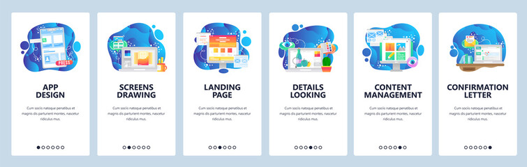 Mobile app onboarding screens. Mobile app design, landing page, web development, content management. Menu vector banner template for website and mobile development. Web site design flat illustration