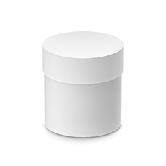Closed round cardboard box with cap mockup. Closeup design element for product branding. Side view of blank plastic cylinder isolated on white background. Realistic white container vector illustration