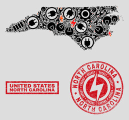 Composition of mosaic power supply North Carolina State map and grunge seals. Mosaic vector North Carolina State map is designed with repair and innovation symbols. Black and red colors used.