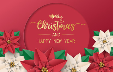 Fototapeta na wymiar Merry Christmas greeting card, postcard, poster with red poinsettia flowers on red and cream color background. Vector illustration
