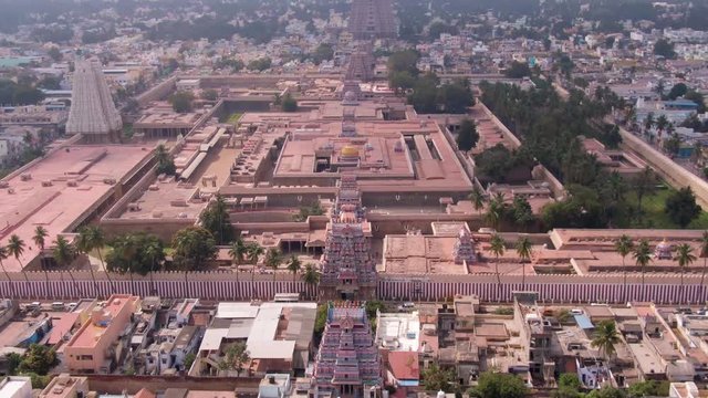South India holy temple "Gopuram" at Srirangam Trichi, India, 4k aerial view