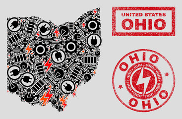 Composition of mosaic power supply Ohio State map and grunge seals. Collage vector Ohio State map is created with tools and power icons. Black and red colors used. Concept for power supply services.