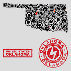 Composition of mosaic power supply Oklahoma State map and grunge stamps. Collage vector Oklahoma State map is created with service and bulb icons. Black and red colors used.