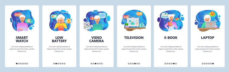 Mobile app onboarding screens. Smart watch, mobile technology, low battery, video camera and tv set. Menu vector banner template for website and mobile development. Web site design flat illustration