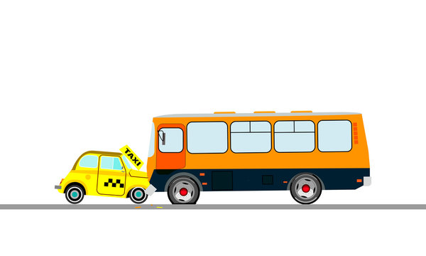 The collision of a taxi car and bus. Vector illustration.