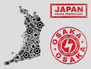 Composition of mosaic power supply Osaka Prefecture map and grunge watermarks. Mosaic vector Osaka Prefecture map is composed with workshop and bulb elements. Black and red colors used.