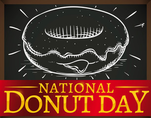 Chalk Drawing with Greeting Ribbon to Celebrate National Donut Day, Vector Illustration
