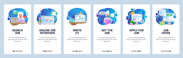 Mobile app onboarding screens. Job search, HR, online job interview, CV and work offer. Menu vector banner template for website and mobile development. Web site design flat illustration