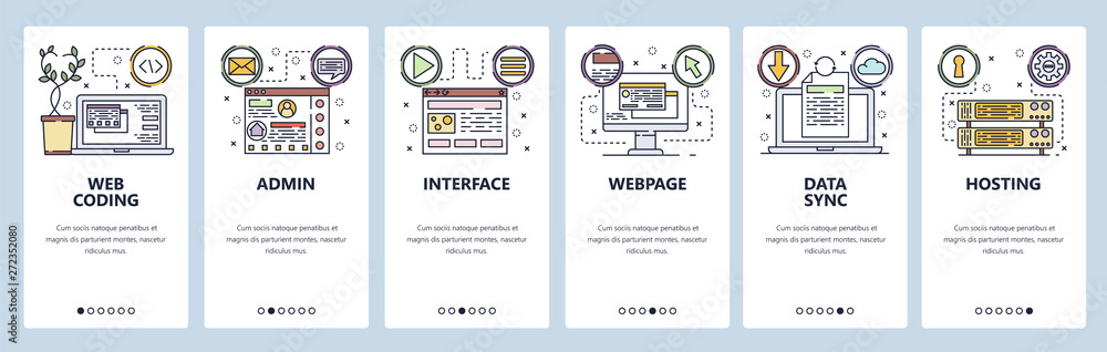 Poster mobile app onboarding screens. coding, software development, data sync and cloud technology, hosting