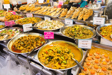 Thai food on a stall at Or Tor Kor market, Chatuchak, Bangkok, Thailand
