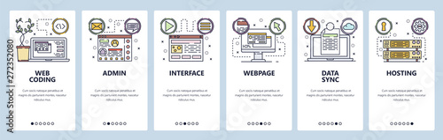 Mobile app onboarding screens. Coding, software development, data sync and cloud technology, hosting. Menu vector banner template for website and mobile development. Web site design flat illustration