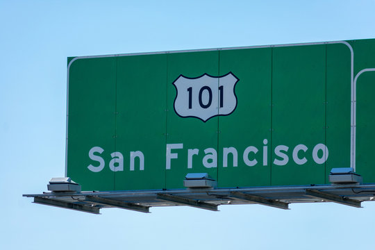 Interstate 101 Highway Road Sign Showing Drivers The Directions To San Francisco In Silicon Valley