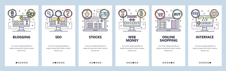Mobile app onboarding screens. SEO and digital marketing, online shopping, web money. Menu vector banner template for website and mobile development. Web site design flat illustration
