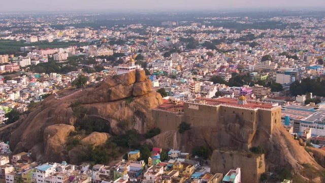 Rock fort temple in Trichy, India, 4k aerial footage