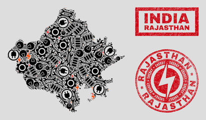 Composition of mosaic power supply Rajasthan State map and grunge seals. Collage vector Rajasthan State map is designed with gear and energy symbols. Black and red colors used.