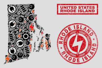 Composition of mosaic power supply Rhode Island State map and grunge seals. Mosaic vector Rhode Island State map is created with tools and electric elements. Black and red colors used.