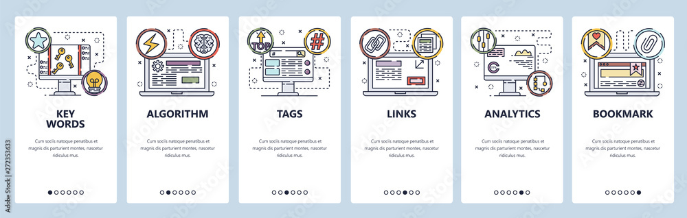 Poster mobile app onboarding screens. seo, links building and digital marketing. menu vector banner templat