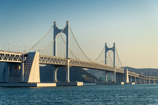 Scenic view of Busan Gwangandaegyo Bridge (Diamond Bridge), a suspension bridge connecting Haeundae-gu to Suyeong-gu in Busan, South Korea