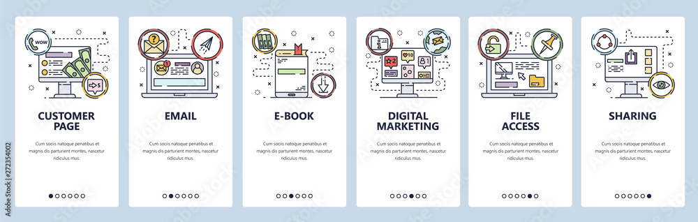 Poster mobile app onboarding screens. email, ebook, digital marketing, file access and customer page. menu 