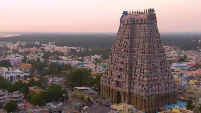 South India holy temple "Gopuram" at Srirangam Trichi, India, 4k aerial view