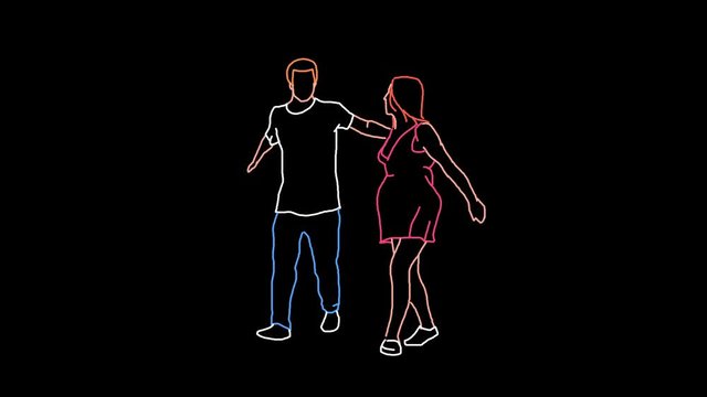 4K loop line drawing of a couple dancing, colored ink on black background.