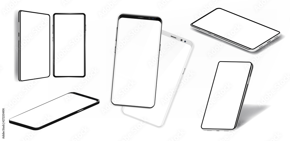 Poster Interesting Smartphones mockups collection with blank screen. Vector set mobile phones isolated on white background. Different models and different positions. Realistic 3d Smartphones. Mockup set