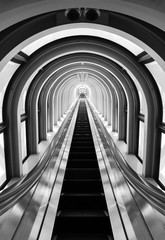 interior view of futuristic tunnel and escalator. Building abstract background