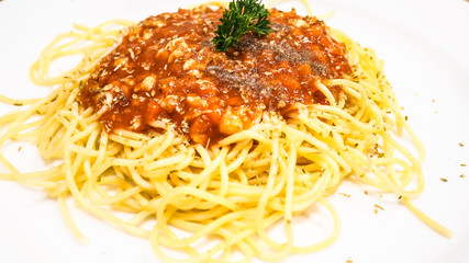 Tasty appetizing pasta spaghetti with tomato sauce a