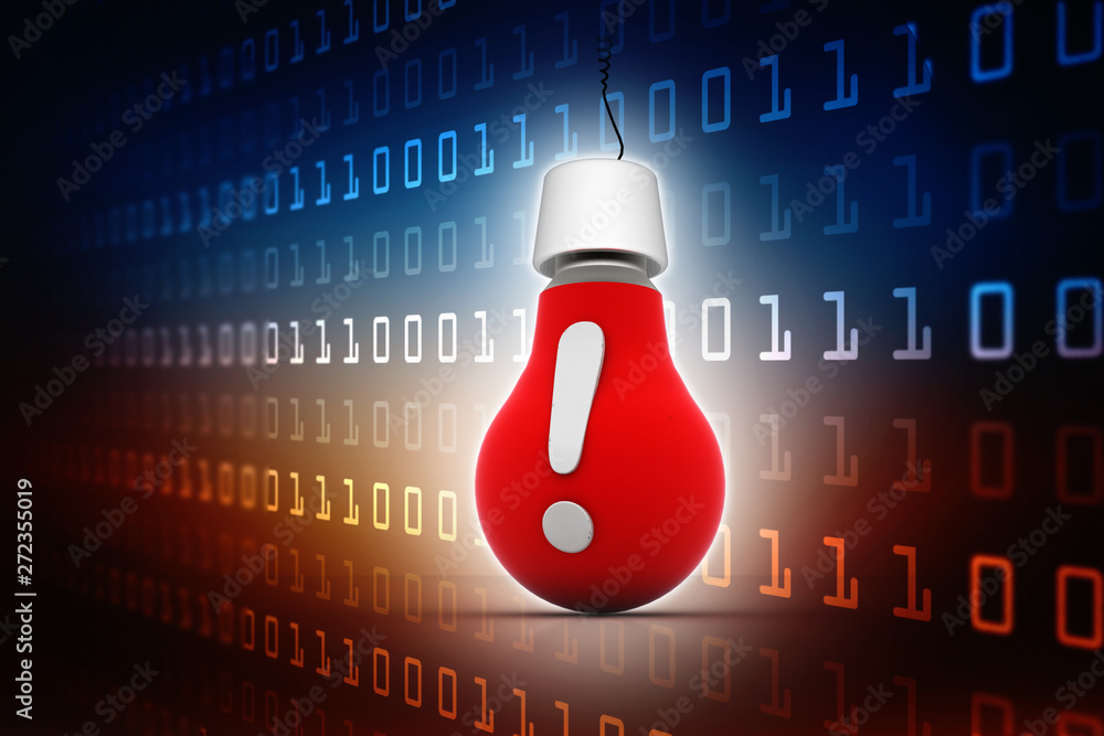 Poster 3d rendering idea concept, exclamation mark with light bulb
