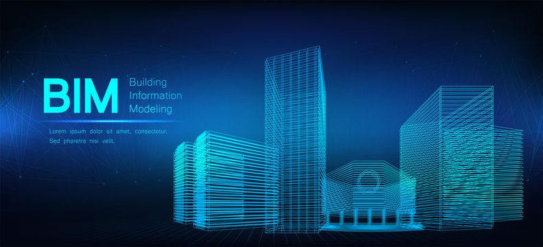 BIM - building information modeling. The concept of business. Industry construction,  from start to finish. Modern illustration in a futuristic style with models buildings and inscription BIM. Vector