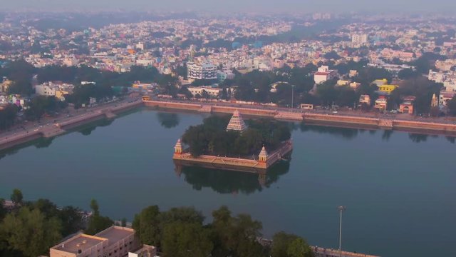 Madurai Vandiyur Mariamman Teppakulam pond temple, India, 4k aerial 