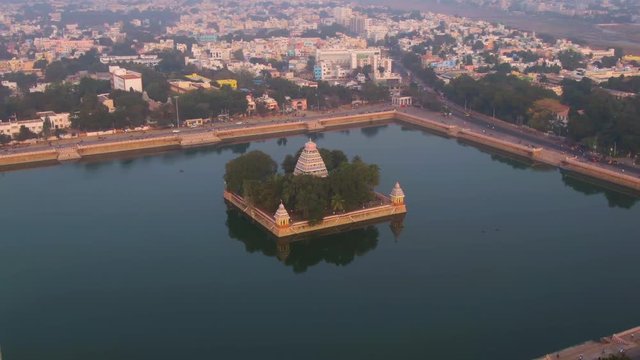 Madurai Vandiyur Mariamman Teppakulam pond temple, India, 4k aerial 