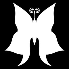 Abstract  illustration of hand drawn butterfly silhouette isolated on black background. Ink drawing, graphic style.