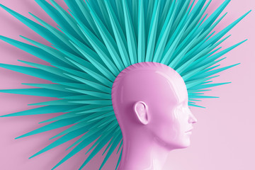 Abstract color pastel background with female profile and stylized defiant fashionable Mohawk hairstyle painted in pink and blue 3D illustration