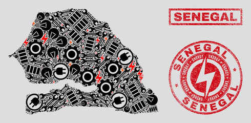Composition of mosaic power supply Senegal map and grunge stamp seals. Mosaic vector Senegal map is created with repair and electricity elements. Black and red colors used.