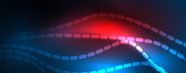 Fototapeta premium Smooth wave lines on blue neon color light background. Glowing abstract wave on dark, shiny motion, magic space light