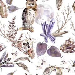 Keuken foto achterwand Gotisch Aquarel naadloze patroon met motten, uilen, kristallen, maan en bloemen. Donkere mystieke kleuren