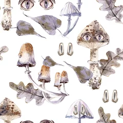 Fototapete Gotisch Aquarell nahtloses Muster mit mystischen Pilzen mit Augen