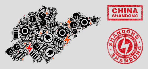Composition of mosaic power supply Shandong Province map and grunge seals. Collage vector Shandong Province map is designed with hardware and electricity elements. Black and red colors used.