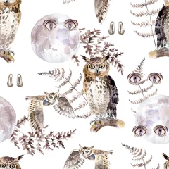 Fotobehang Gotisch Aquarel naadloze patroon met ogen, uilen, maan en varens. Donkere mystieke kleuren
