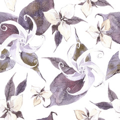 Watercolor seamless pattern with flowers. Dark mystical colors