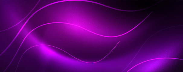 Shiny neon lights, dark abstract background with blurred magic neon light curved lines