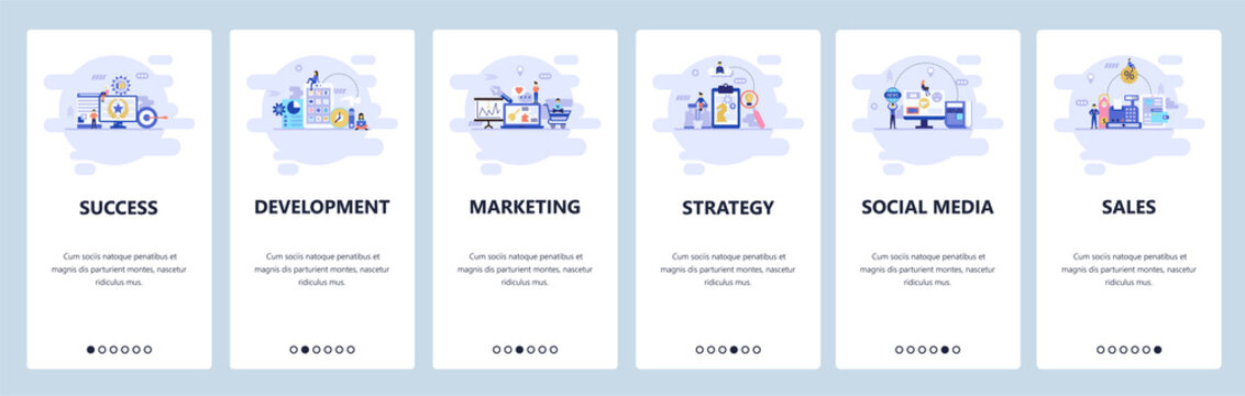 Mobile App Onboarding Screens. Business Strategy, Social Media, Online Shopping And Sales, Digital Marketing. Menu Vector Banner Template For Website And Mobile Development. Web Site Flat Illustration