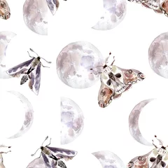 Crédence de cuisine en verre imprimé Gothique Motif harmonieux d& 39 aquarelle avec papillons et phases de lune. Couleurs mystiques sombres